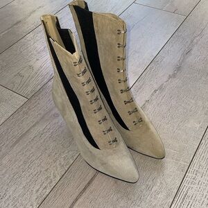 Vtg Dolcis Deadstock cream blac leath hook closure Boots Steampunk Victorian 7US